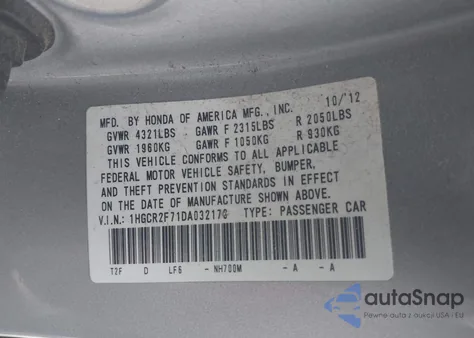 2013 Honda Accord Ex z USA, uszkodzony, nr VIN 1HGCR2F71DA032170